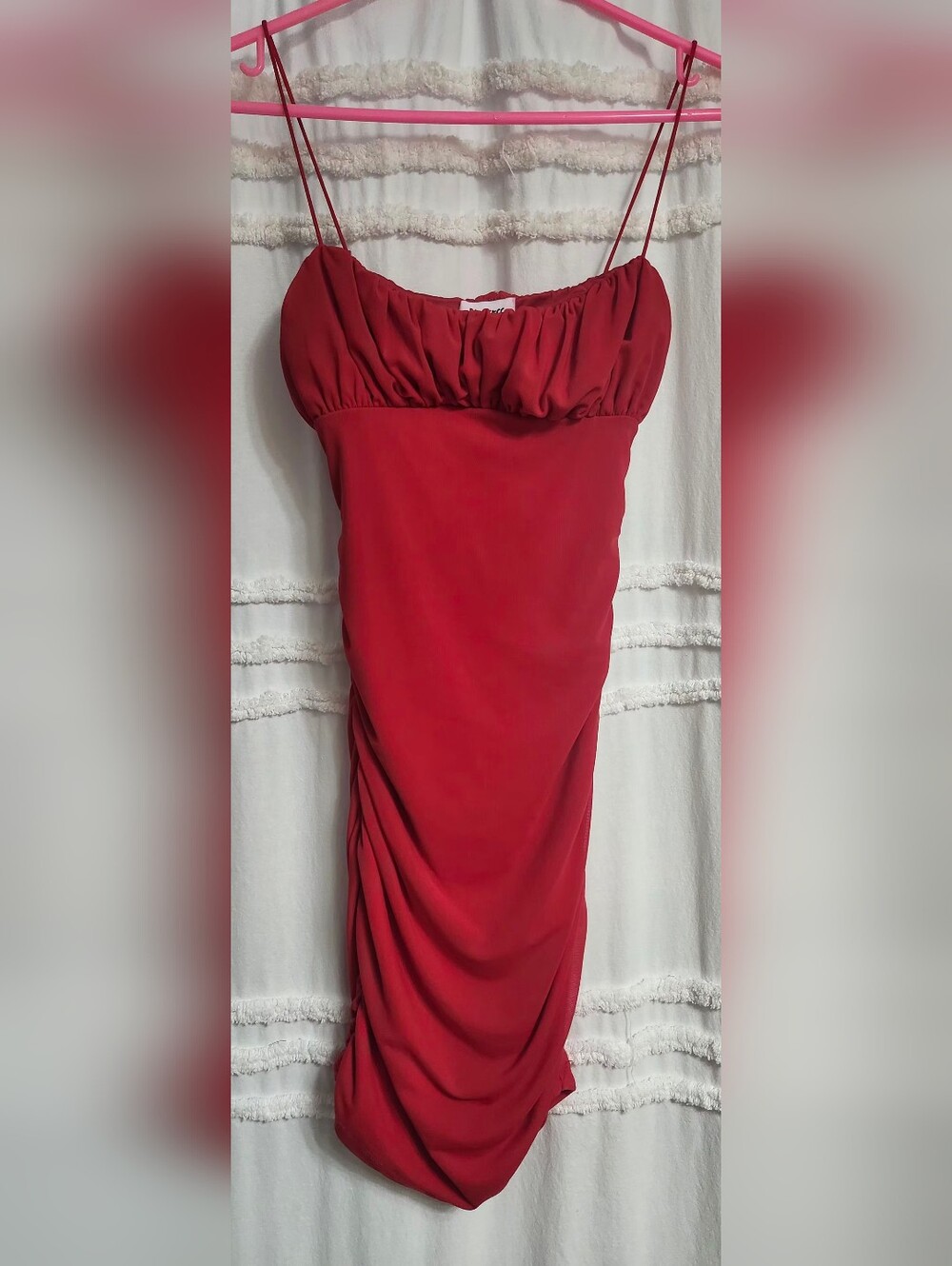 Princess Polly Penney Red Ruched Spaghetti Strap Mini Dress.